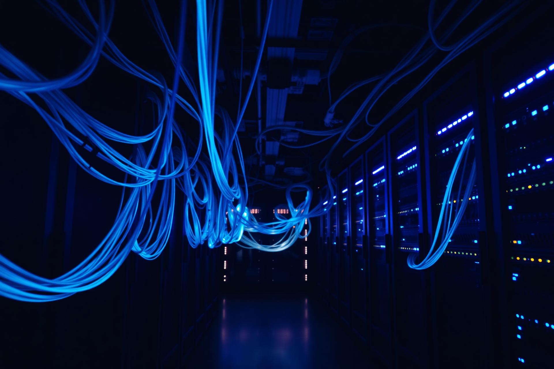 Data center con cables de fibra óptica iluminados